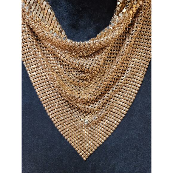 Women's Gold Mesh Bib Statement Necklace With Adjustable Lobster Clasp Chain - Picture 3 of 7